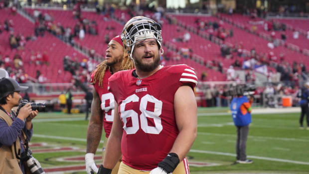 Dec 10, 2023; Santa Clara, California, USA; San Francisco 49ers offensive tackle Colton McKivitz (68) walks off of the field after defeating the Seattle Seahawks at Levi's Stadium. Mandatory Credit: Darren Yamashita-USA TODAY Sports  